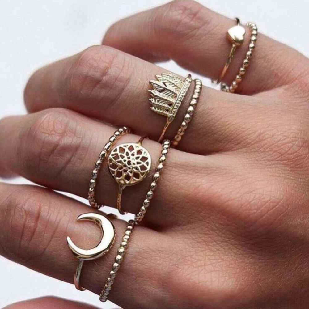 🌙 Awesome Metallic 9 Piece BoHo Costume Fashion Ring set  moon feather heart ❤️